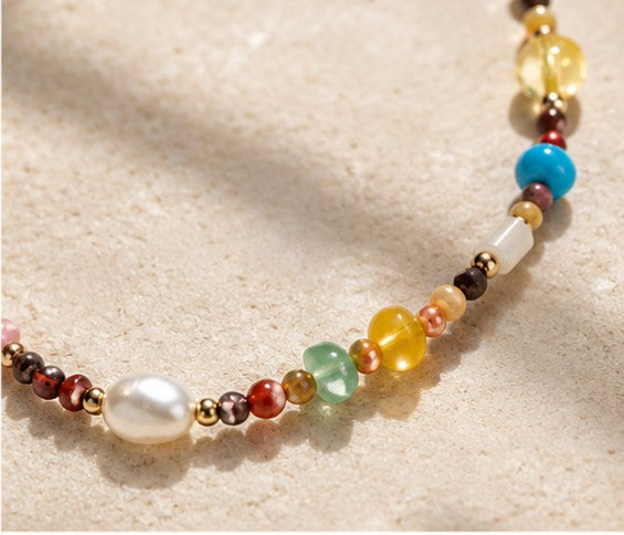 Collar acero de calcita amarilla, citrino, venturina verde y perlas de agua dulce