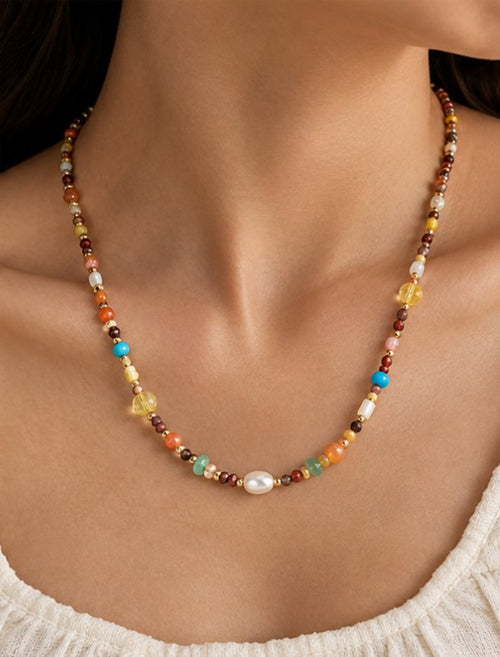Collar acero de calcita amarilla, citrino, venturina verde y perlas de agua dulce