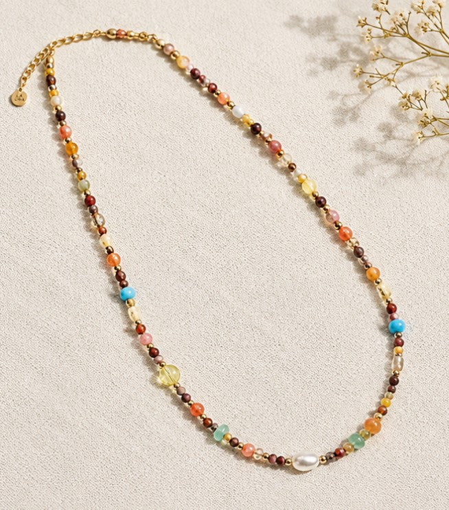 Collar acero de calcita amarilla, citrino, venturina verde y perlas de agua dulce